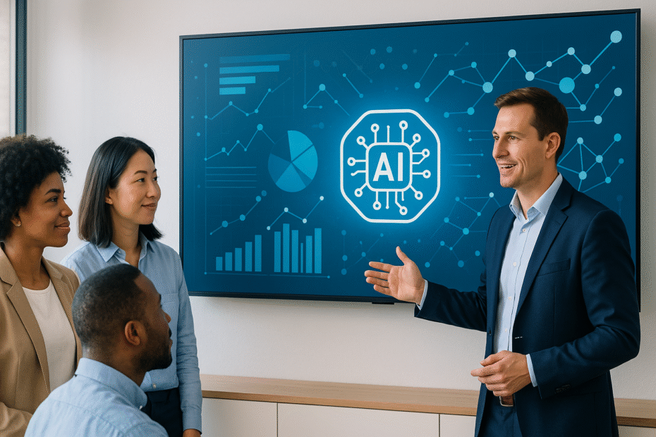 Ein modernes, freundliches Business-Setting. Eine Führungskraft steht mit einem diversen Team vor einem großen Bildschirm, auf dem abstrakte KI-Symbole, Datenvisualisierungen und Netzwerke dargestellt sind. Die Atmosphäre ist kooperativ, innovativ, optimistisch. Helle Farben, klarer, professioneller Stil. Keine Roboter oder futuristischen Sci-Fi-Elemente – der Fokus liegt auf Mensch-Maschine-Zusammenarbeit in der Gegenwart.